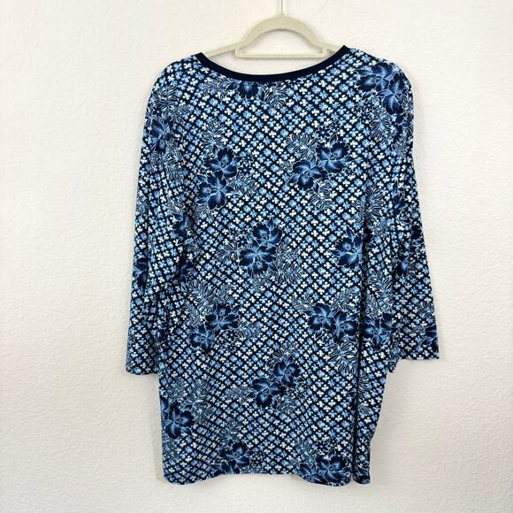 Lands' End Womens T Shirt Top Size XL 100% Cotton Tropical Floral  Blue - Picture 3 of 6